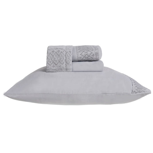 Jogo de Lençol 3 e 4 Peças 200 Fios Cama Solteiro Casal Queen King Bordado Inglês Toque Macio Conforto(CINZA NEVOA,KING)